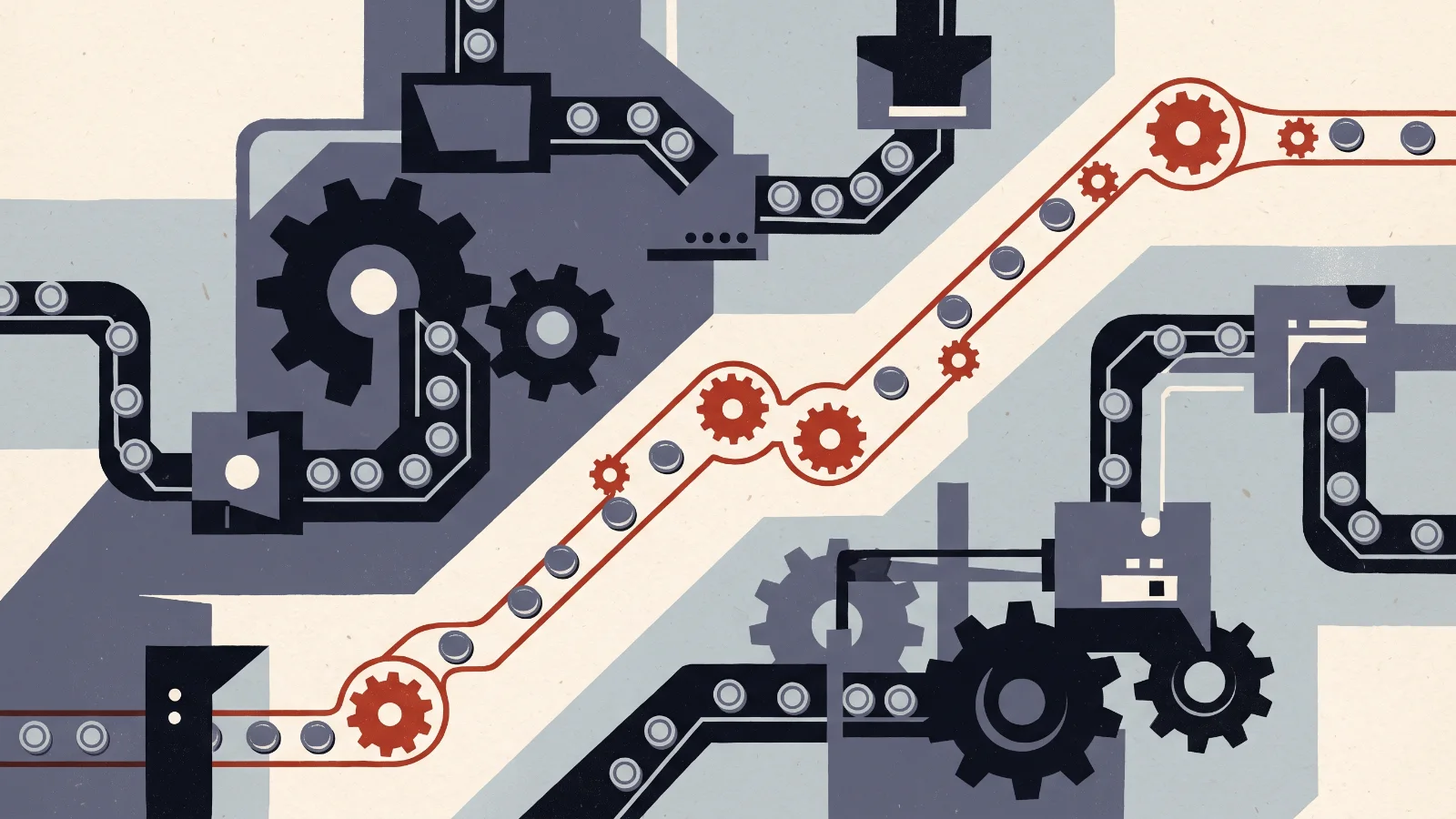 Illustration: gears and conveyor paths carrying tokens between stations