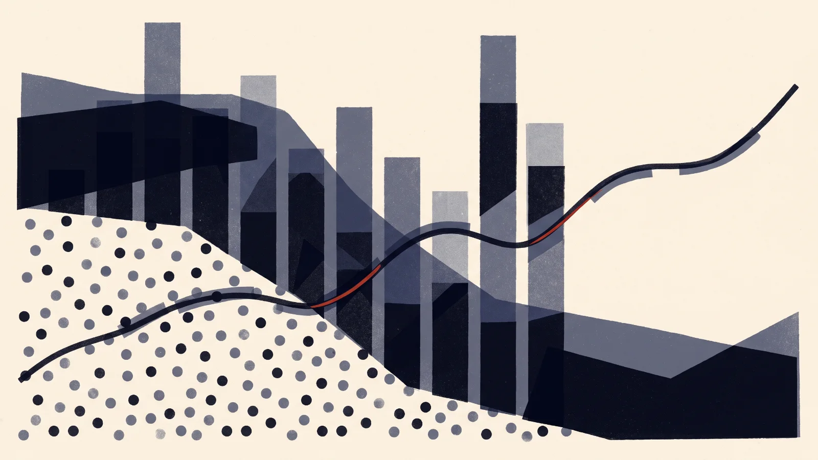 Illustration: scattered dots rising into bar columns and a trend line