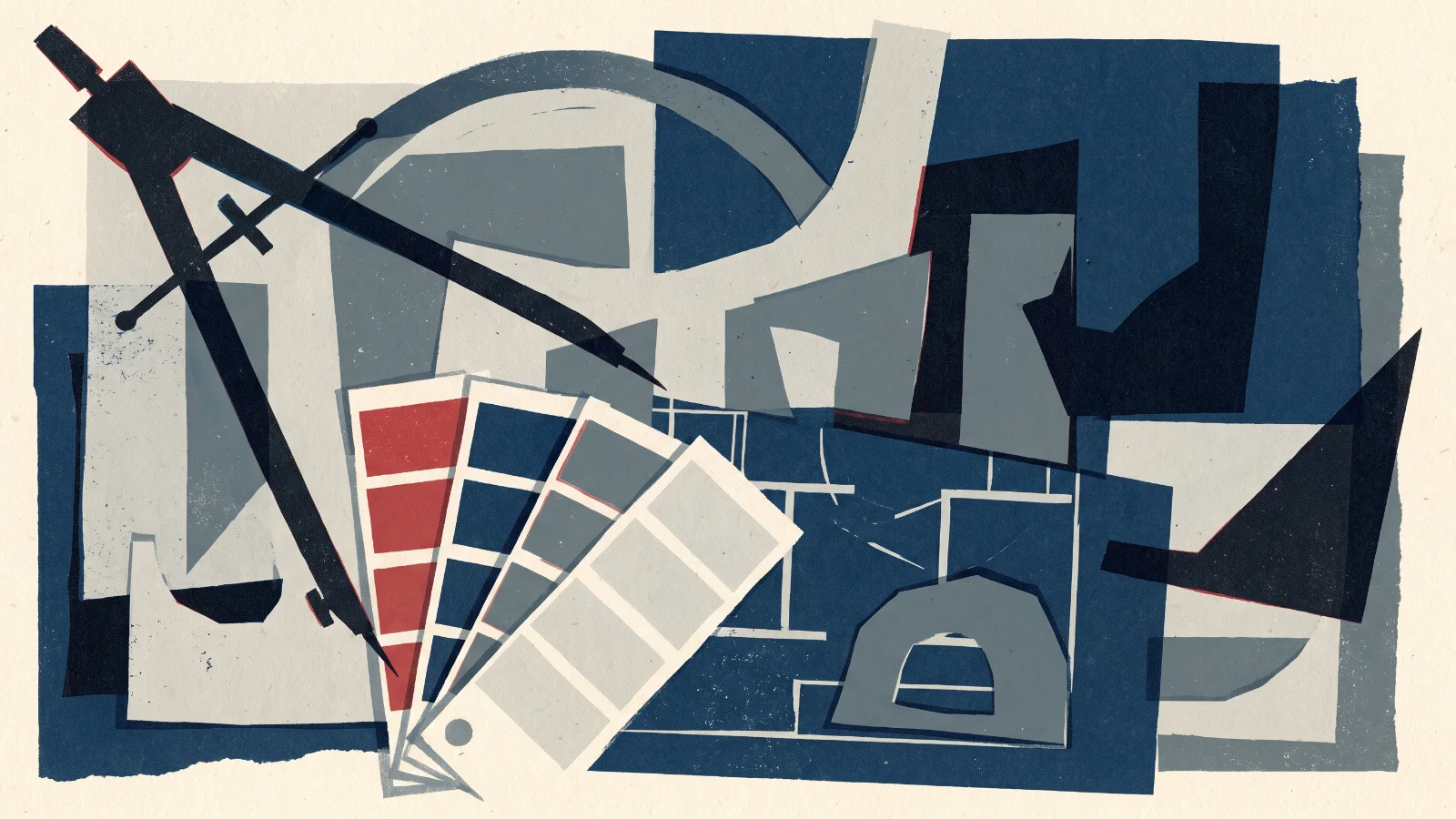 Illustration: cut-paper shapes, a compass arc and fanned colour swatches