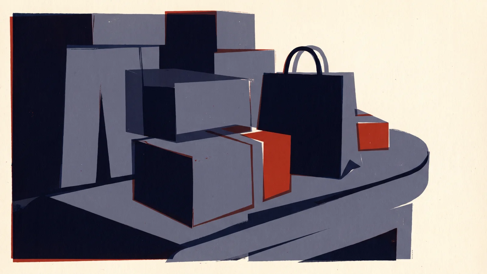 Illustration: parcels and a shopping-bag shape on a curving belt