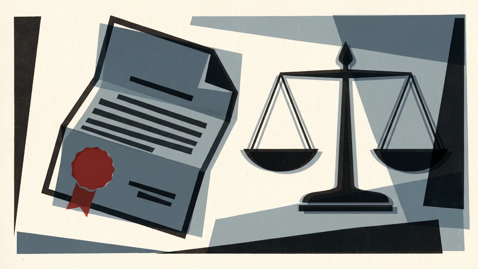 Illustration: a sealed folded document beside a balanced scale outline