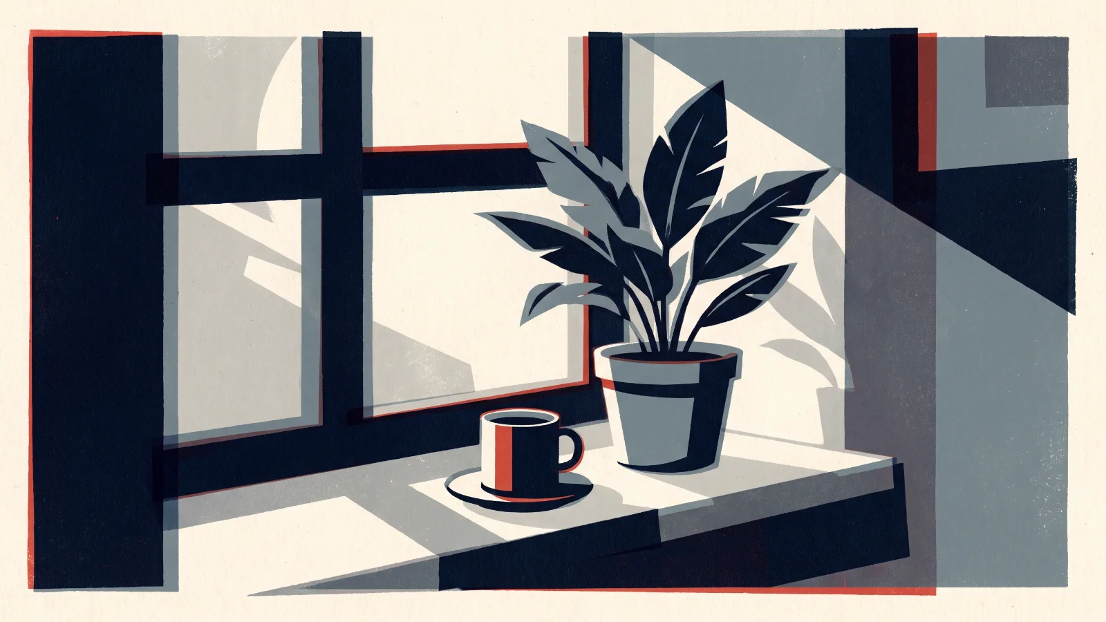 Illustration: a sunlit window with a plant and a coffee cup