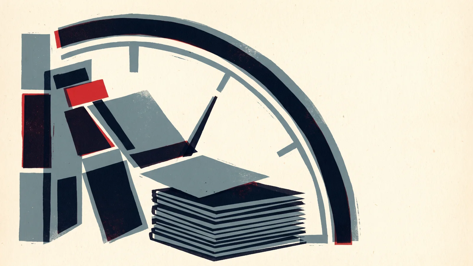 Illustration: blocks sliding into a completed stack in front of a clock arc