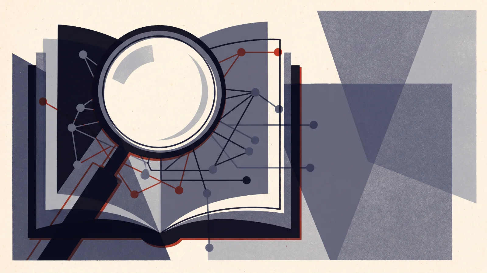 Illustration: a lens over layered pages with connected nodes