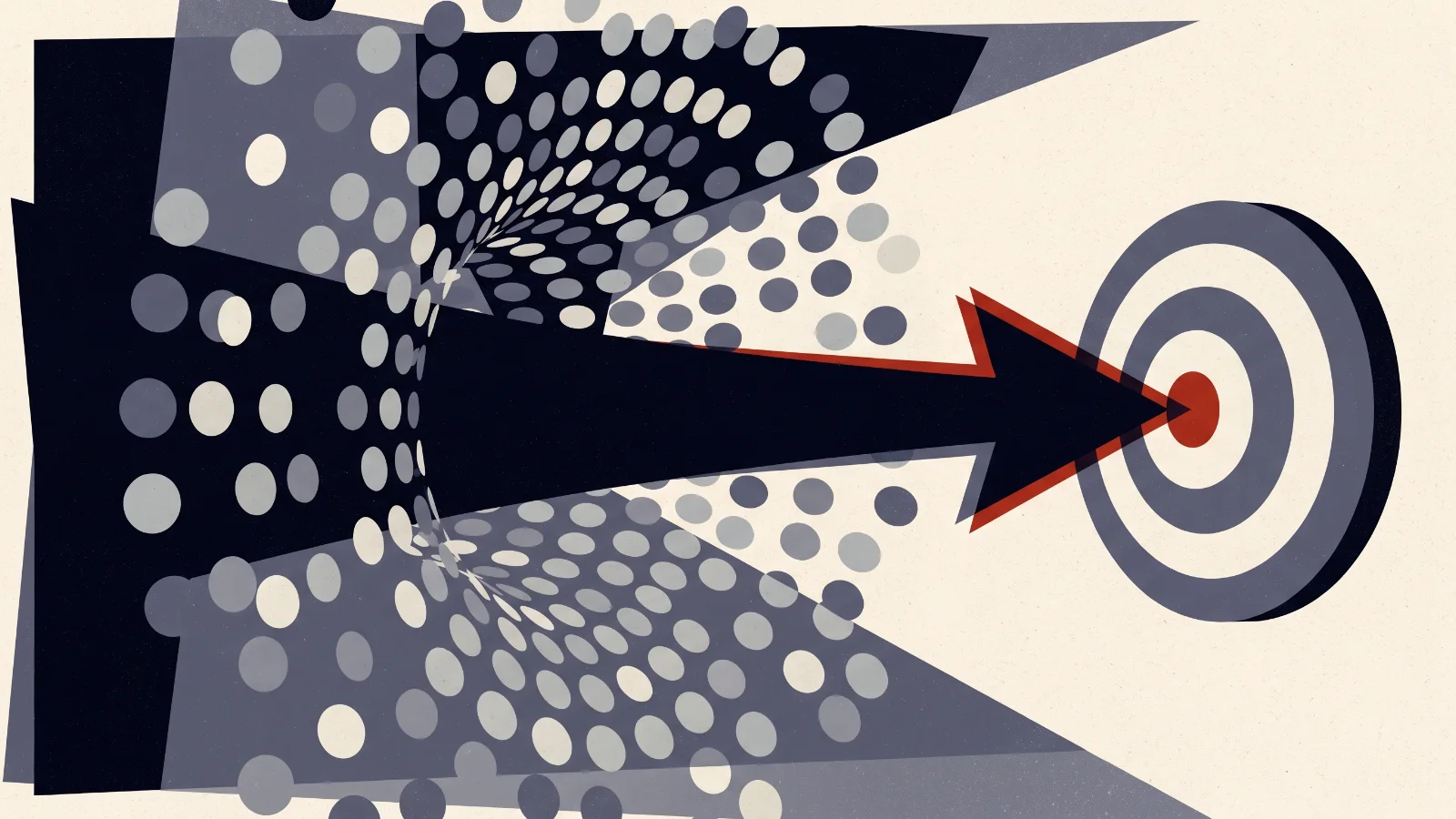 Illustration: circles narrowing through a funnel into an arrow meeting a target