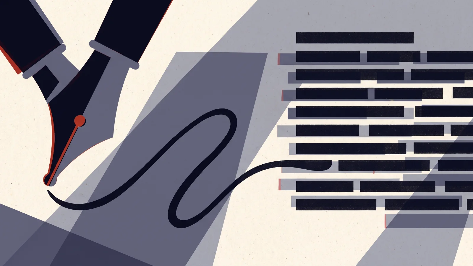 Illustration: a pen nib drawing a line that becomes rows of paragraph bars