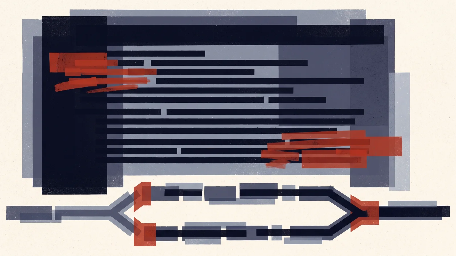 Illustration: a terminal window of layered rectangles with rows of code bars edited in two places, above a path that branches and merges