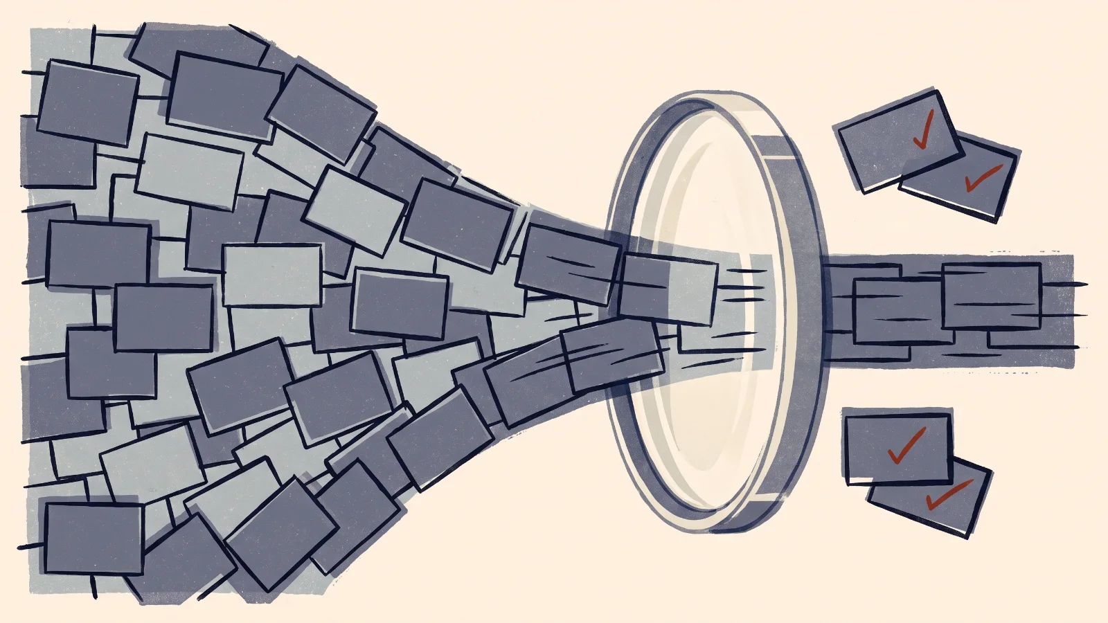 Illustration: a stream of cards narrowing through an inspection lens, a few set aside and marked