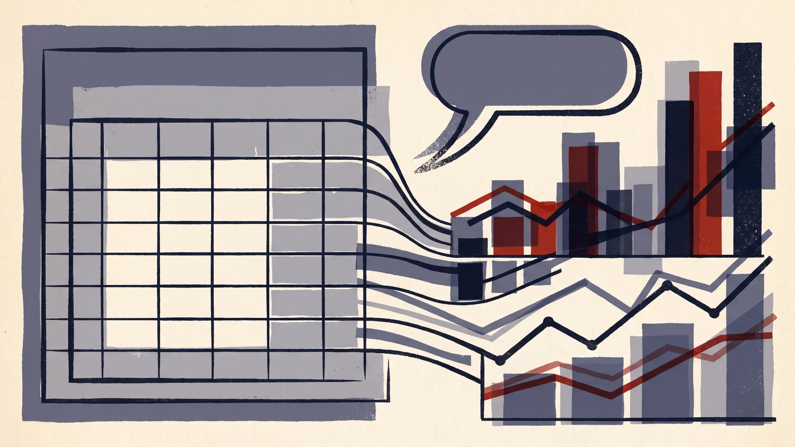 Illustration: a spreadsheet grid turning into bar and line charts, joined by a speech bubble