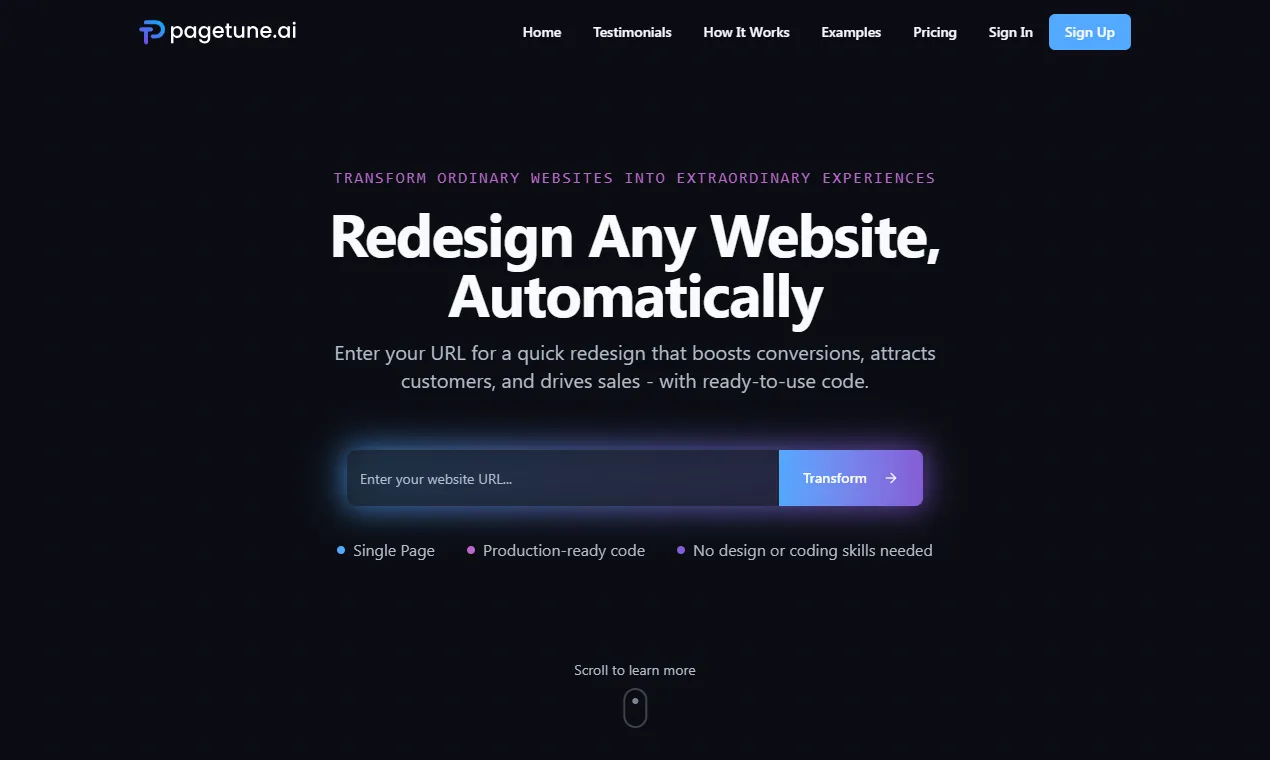 The PageTune homepage