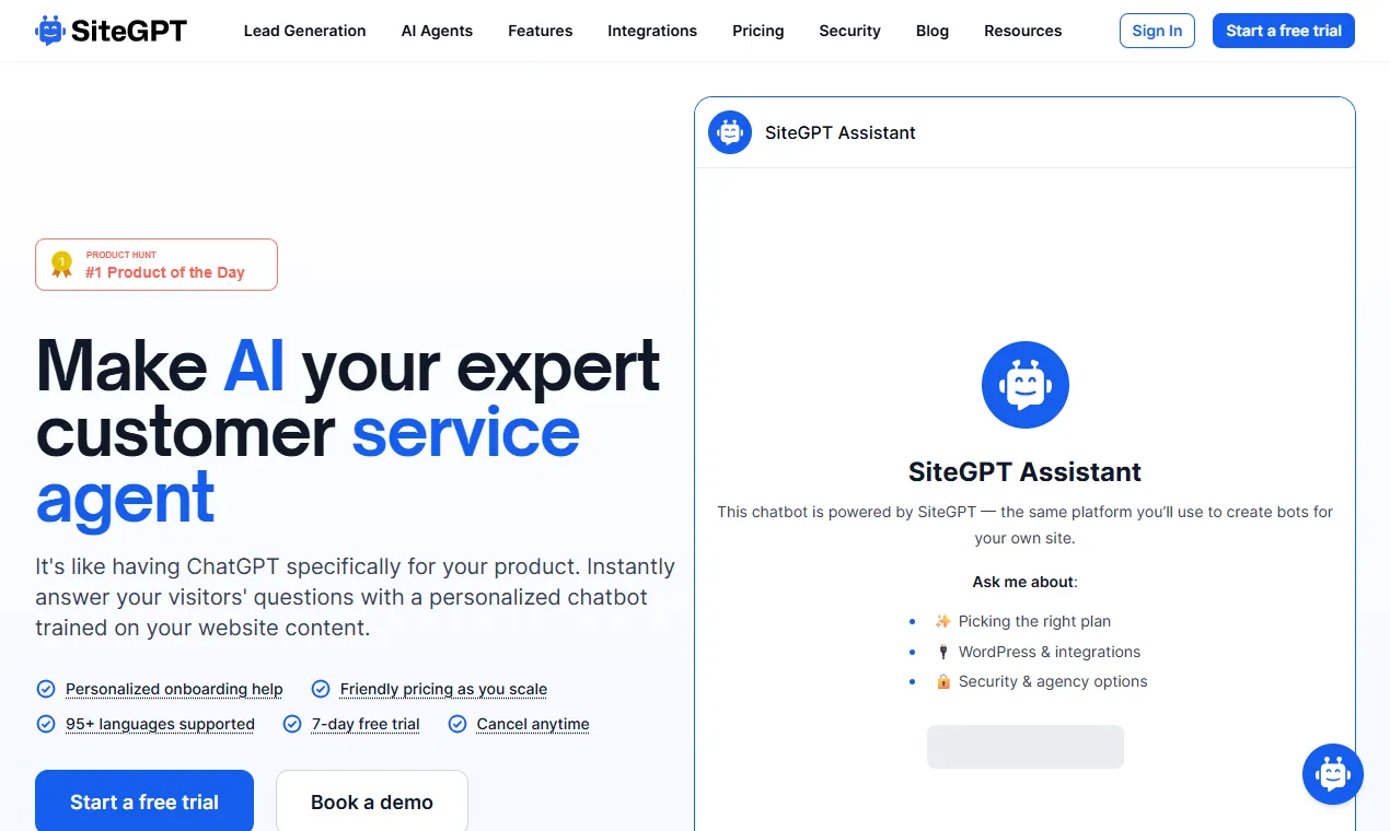 The SiteGPT homepage