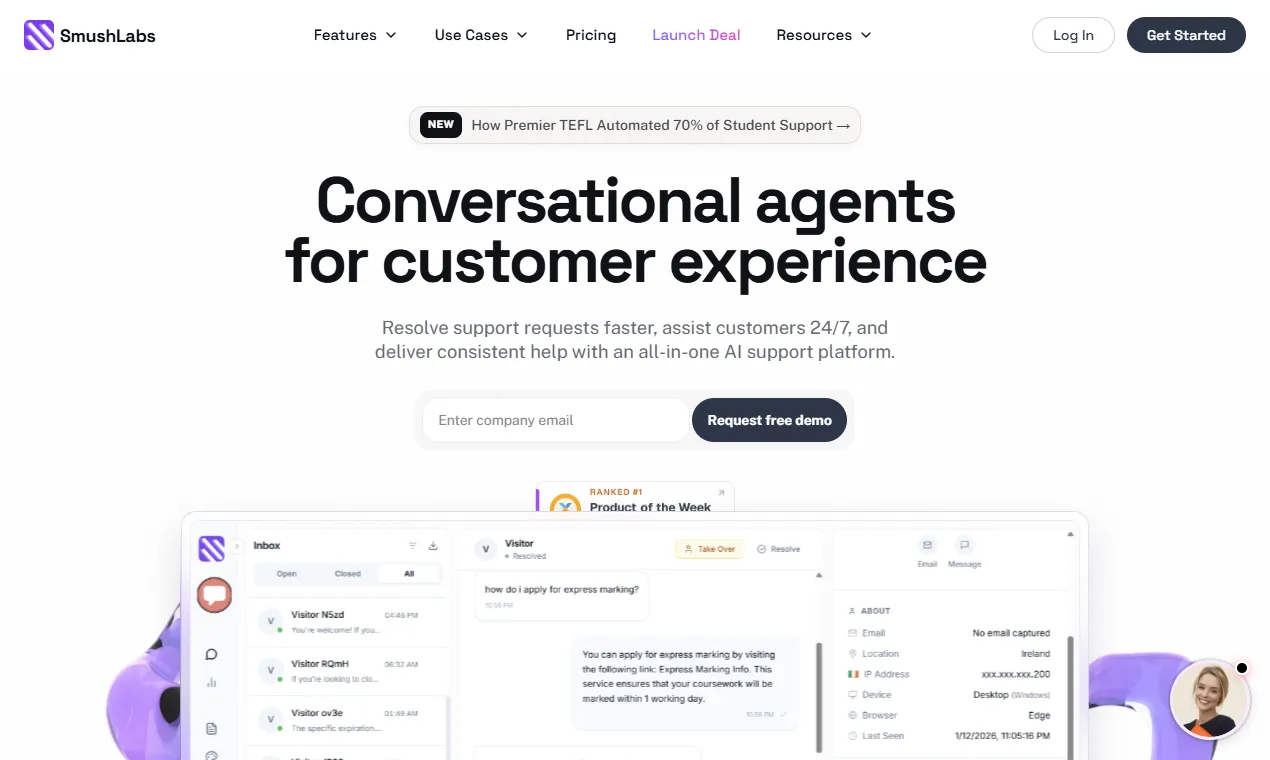 The SmushChat AI Chatbot Agent Builder homepage