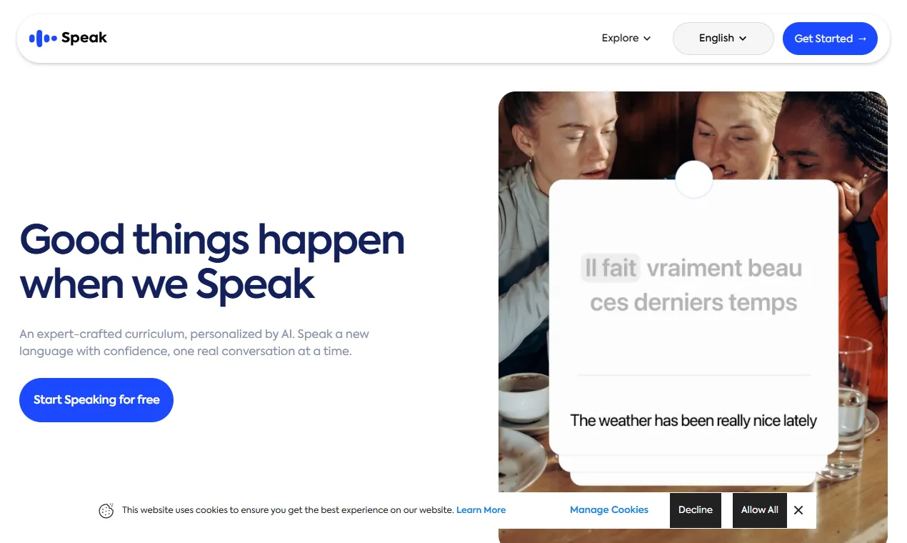 The Speak homepage